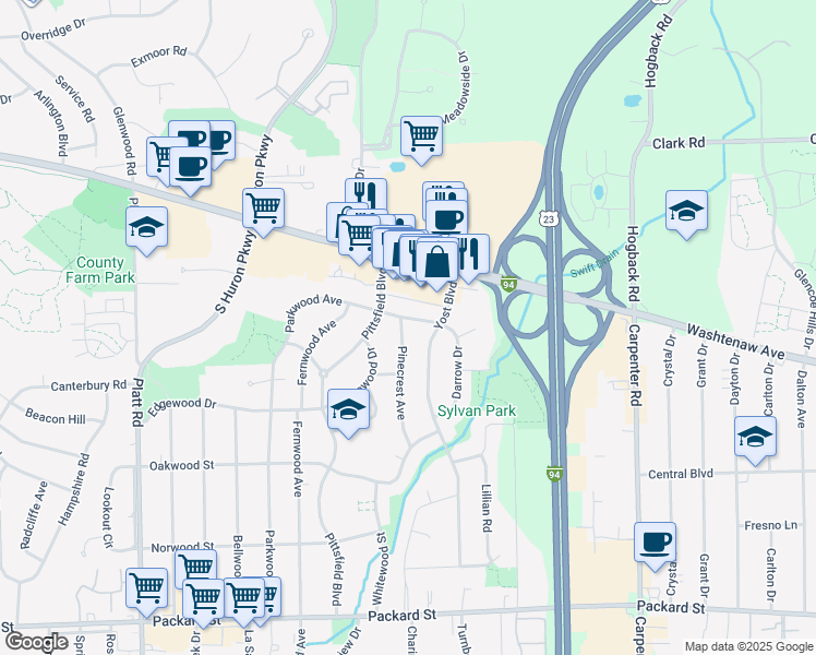 map of restaurants, bars, coffee shops, grocery stores, and more near 2309 Pinecrest Avenue in Ann Arbor