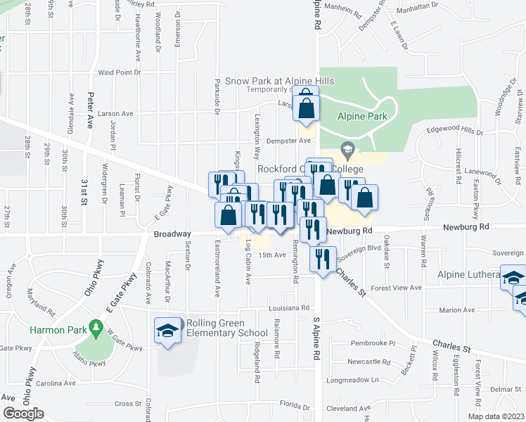 map of restaurants, bars, coffee shops, grocery stores, and more near 4391 Charles Street in Rockford