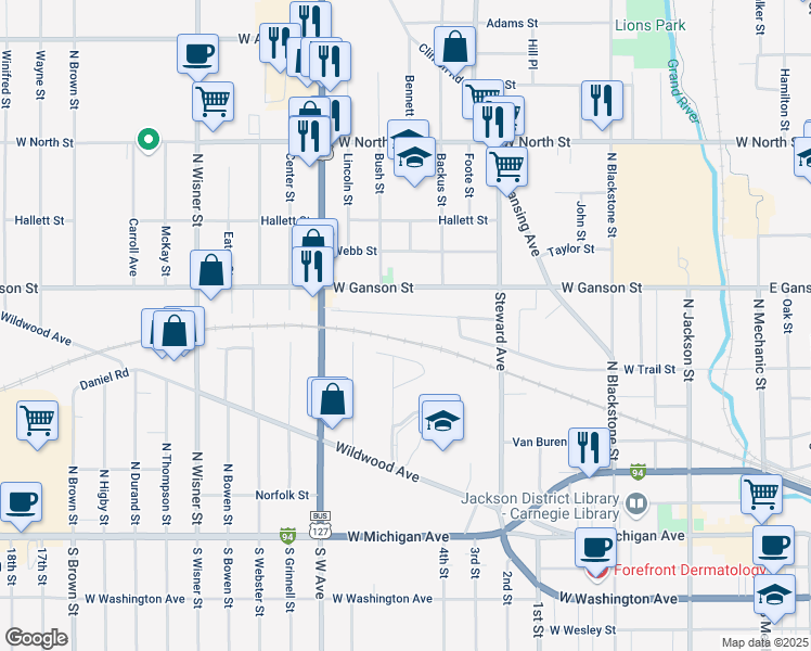 map of restaurants, bars, coffee shops, grocery stores, and more near 637 Oakhill Avenue in Jackson