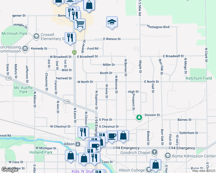 map of restaurants, bars, coffee shops, grocery stores, and more near 920 North Ionia Street in Albion