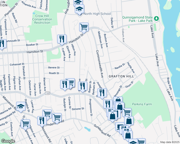 map of restaurants, bars, coffee shops, grocery stores, and more near 3 Lorenzo Street in Worcester