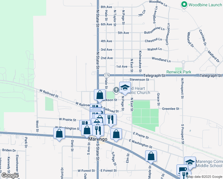 map of restaurants, bars, coffee shops, grocery stores, and more near 212 East Van Buren Street in Marengo