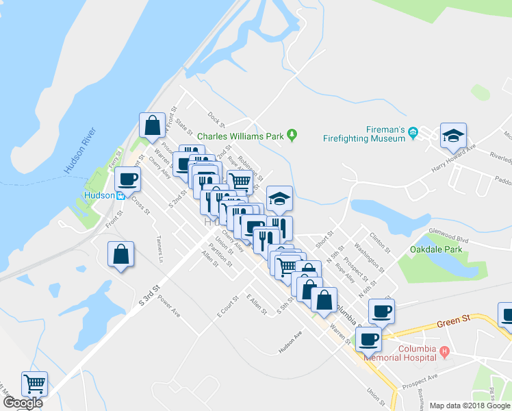 map of restaurants, bars, coffee shops, grocery stores, and more near 315 State Street in Hudson