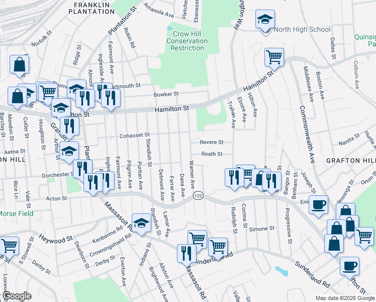map of restaurants, bars, coffee shops, grocery stores, and more near 74 Warner Avenue in Worcester