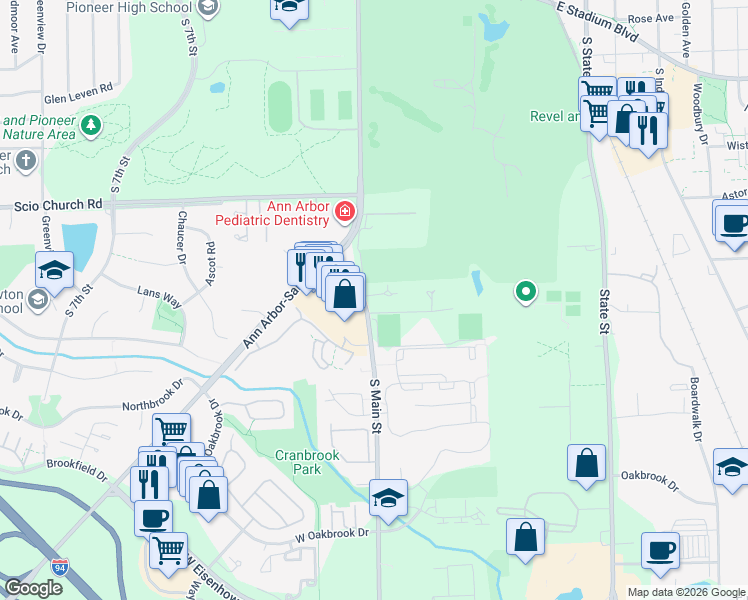 map of restaurants, bars, coffee shops, grocery stores, and more near 2297 South Main Street in Ann Arbor