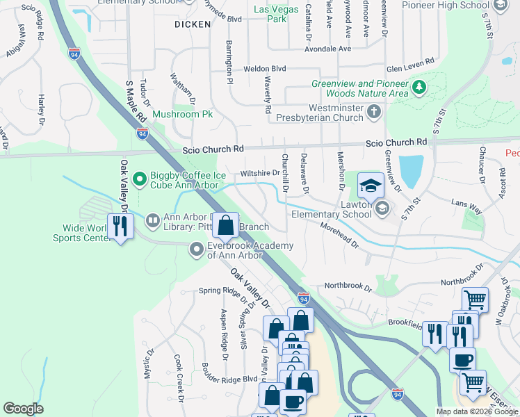 map of restaurants, bars, coffee shops, grocery stores, and more near 2180 Steeplechase Drive in Ann Arbor