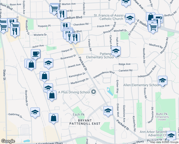 map of restaurants, bars, coffee shops, grocery stores, and more near 2407 Packard Street in Ann Arbor