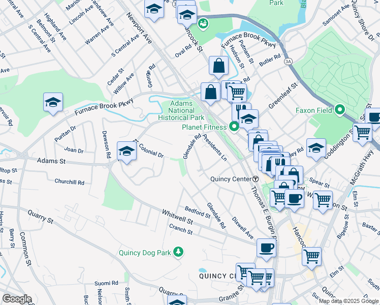 map of restaurants, bars, coffee shops, grocery stores, and more near 36 Glendale Road in Quincy