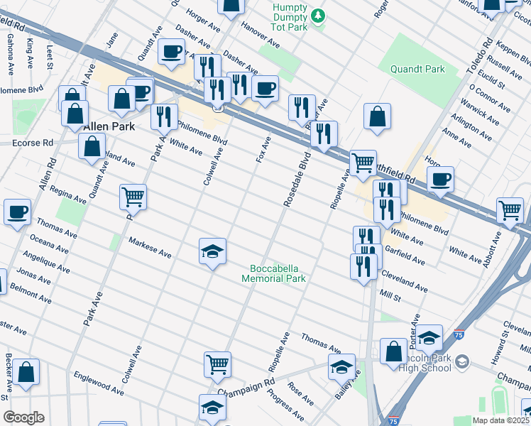 map of restaurants, bars, coffee shops, grocery stores, and more near 14871 Cleveland Avenue in Allen Park