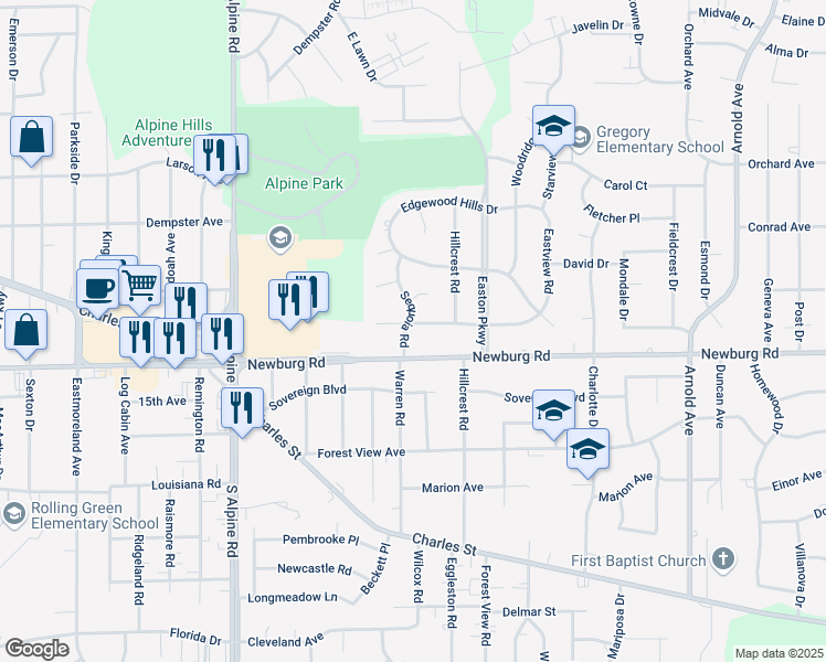 map of restaurants, bars, coffee shops, grocery stores, and more near 1410 Sequoia Road in Rockford