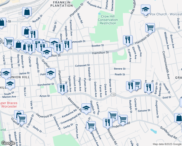 map of restaurants, bars, coffee shops, grocery stores, and more near 33 Standish Street in Worcester