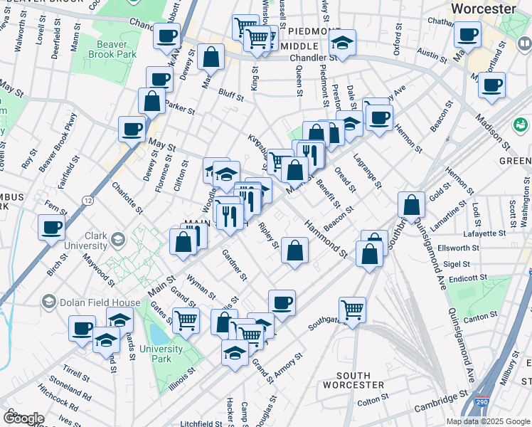 map of restaurants, bars, coffee shops, grocery stores, and more near 865 Main St in Worcester