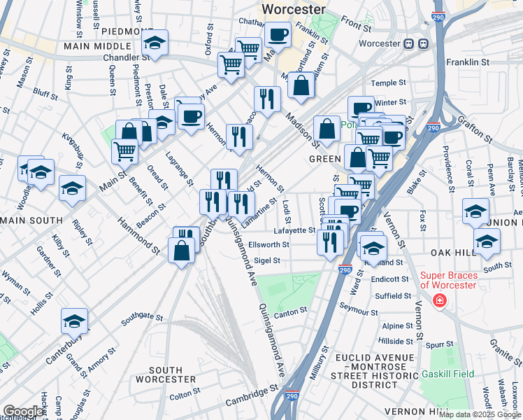map of restaurants, bars, coffee shops, grocery stores, and more near 100 Lamartine Street in Worcester
