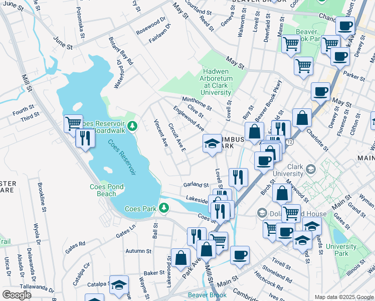 map of restaurants, bars, coffee shops, grocery stores, and more near 10 Circuit Avenue South in Worcester