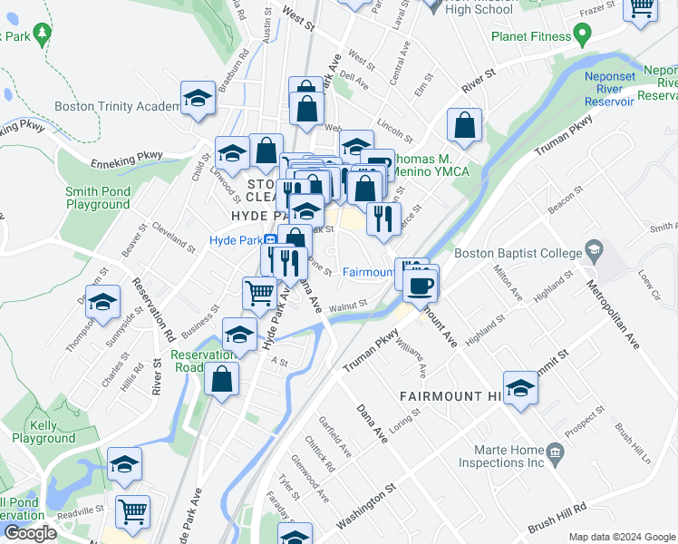 map of restaurants, bars, coffee shops, grocery stores, and more near 1 Pine Street in Boston