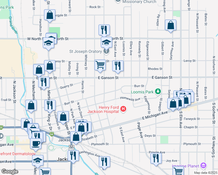 map of restaurants, bars, coffee shops, grocery stores, and more near 1014 Burr Street in Jackson