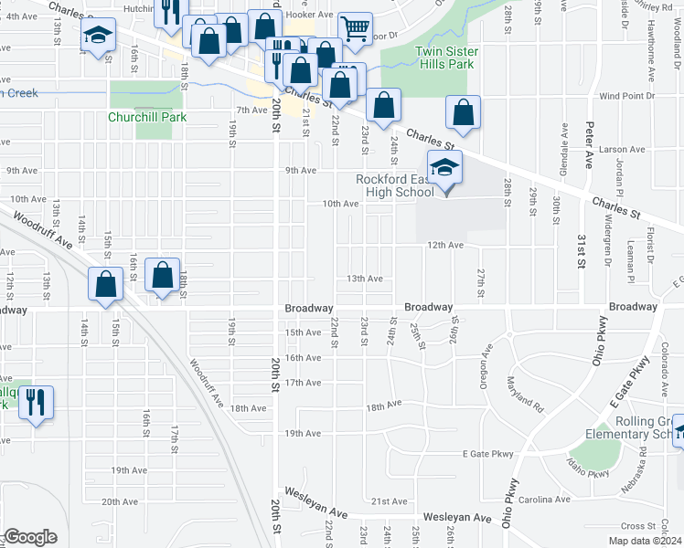 map of restaurants, bars, coffee shops, grocery stores, and more near 2606 13th Avenue in Rockford