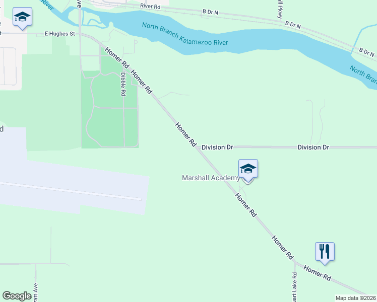 map of restaurants, bars, coffee shops, grocery stores, and more near 18022 Homer Road in Marshall