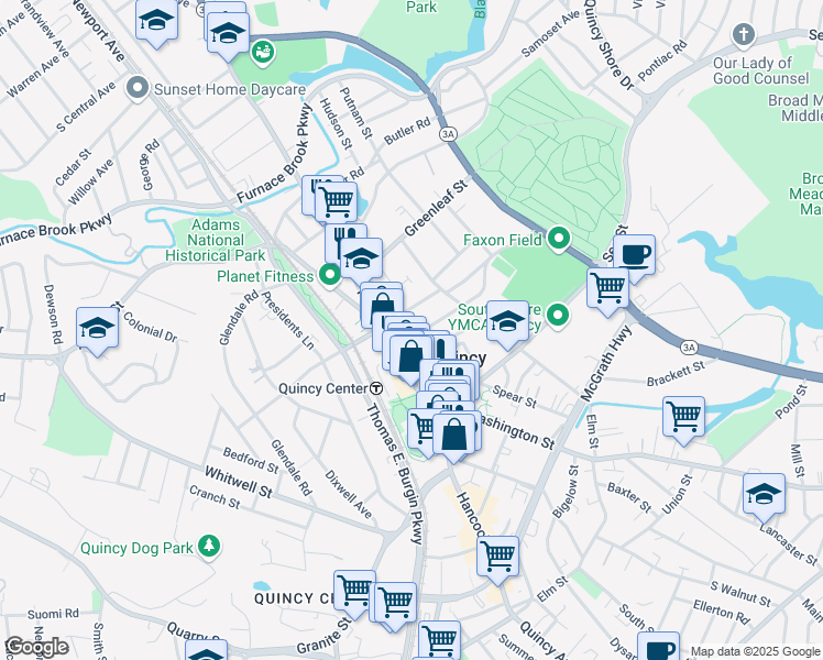 map of restaurants, bars, coffee shops, grocery stores, and more near 18 Russell Park in Quincy