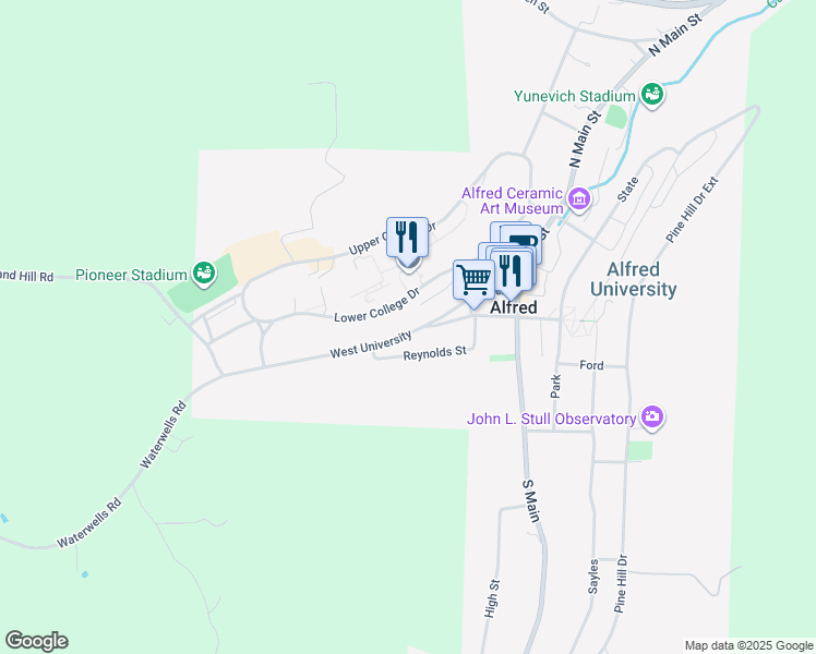 map of restaurants, bars, coffee shops, grocery stores, and more near 44 West University in Alfred