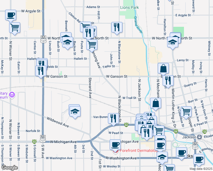 map of restaurants, bars, coffee shops, grocery stores, and more near 532 Lansing Avenue in Jackson