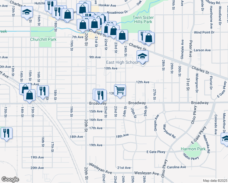 map of restaurants, bars, coffee shops, grocery stores, and more near 2620 13th Avenue in Rockford