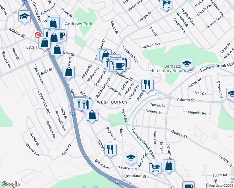 map of restaurants, bars, coffee shops, grocery stores, and more near in Quincy