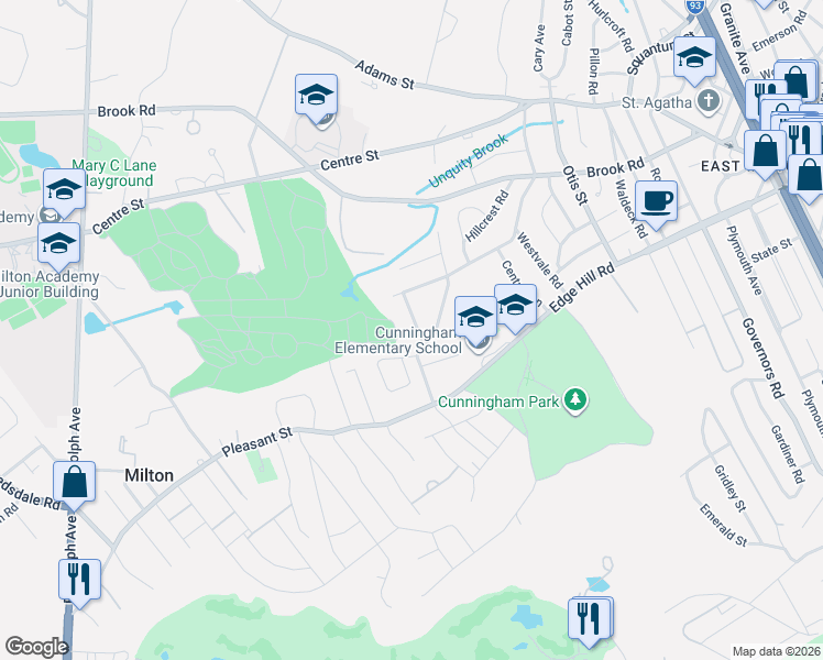 map of restaurants, bars, coffee shops, grocery stores, and more near 12 Vinewood Road in Milton