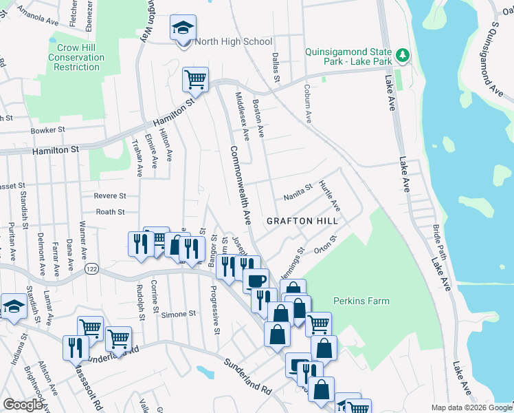 map of restaurants, bars, coffee shops, grocery stores, and more near 87 Middlesex Avenue in Worcester