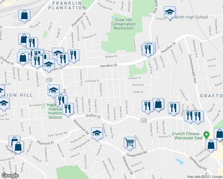 map of restaurants, bars, coffee shops, grocery stores, and more near 80 Farrar Avenue in Worcester