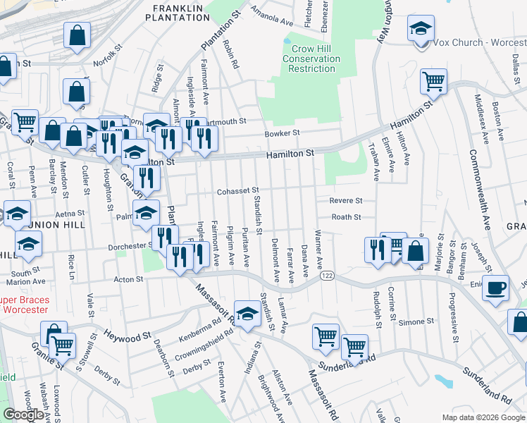 map of restaurants, bars, coffee shops, grocery stores, and more near 33 Standish Street in Worcester