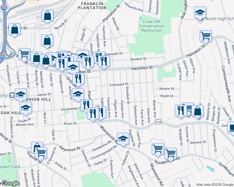 map of restaurants, bars, coffee shops, grocery stores, and more near 161 Pilgrim Avenue in Worcester