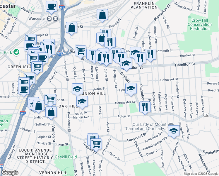 map of restaurants, bars, coffee shops, grocery stores, and more near 64 Cutler Street in Worcester