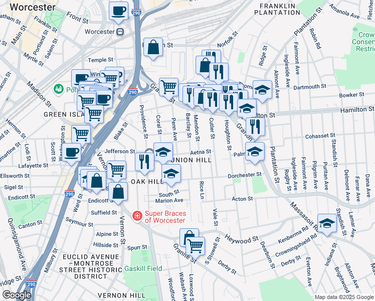 map of restaurants, bars, coffee shops, grocery stores, and more near in Worcester