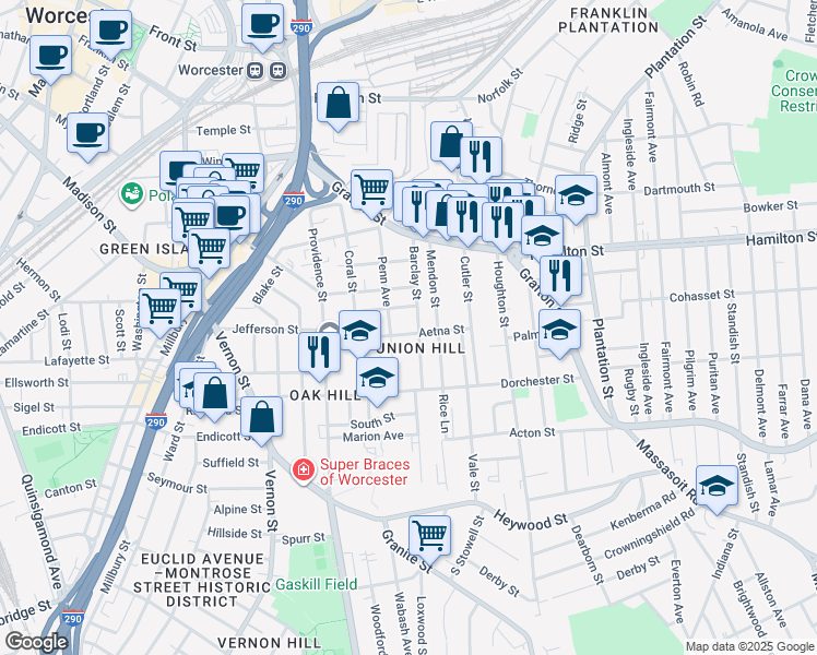map of restaurants, bars, coffee shops, grocery stores, and more near 99 Penn Avenue in Worcester
