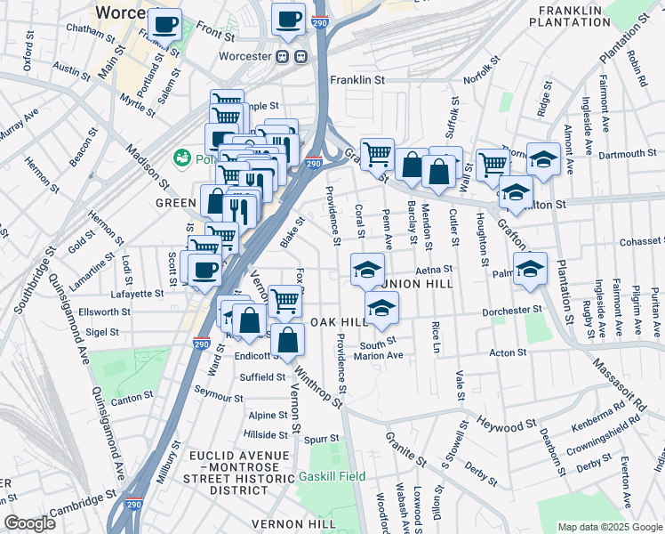 map of restaurants, bars, coffee shops, grocery stores, and more near 74 Providence Street in Worcester