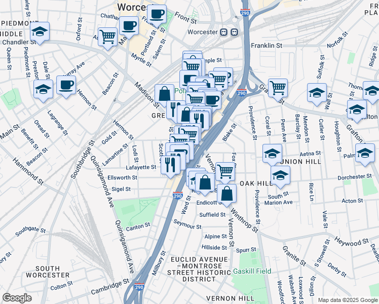 map of restaurants, bars, coffee shops, grocery stores, and more near 64 Millbury Street in Worcester