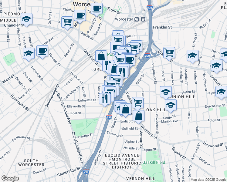 map of restaurants, bars, coffee shops, grocery stores, and more near 64 Millbury Street in Worcester