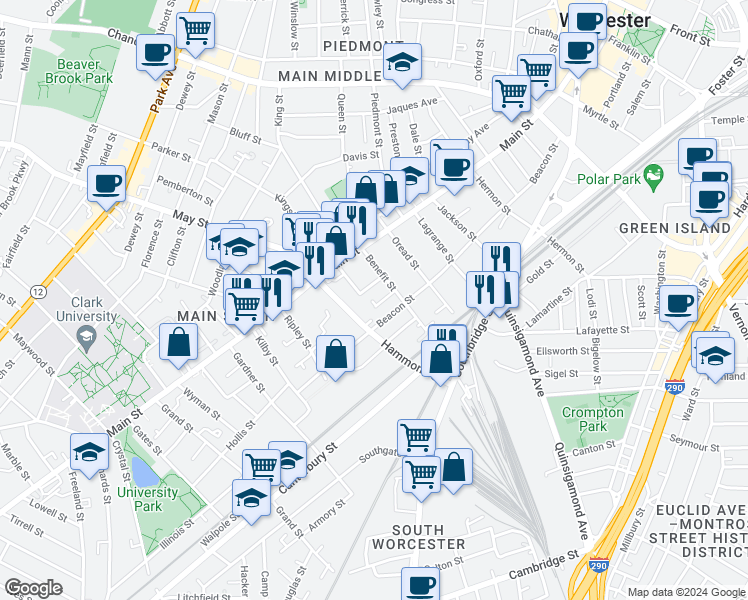 map of restaurants, bars, coffee shops, grocery stores, and more near 9 Mount Pleasant Street in Worcester