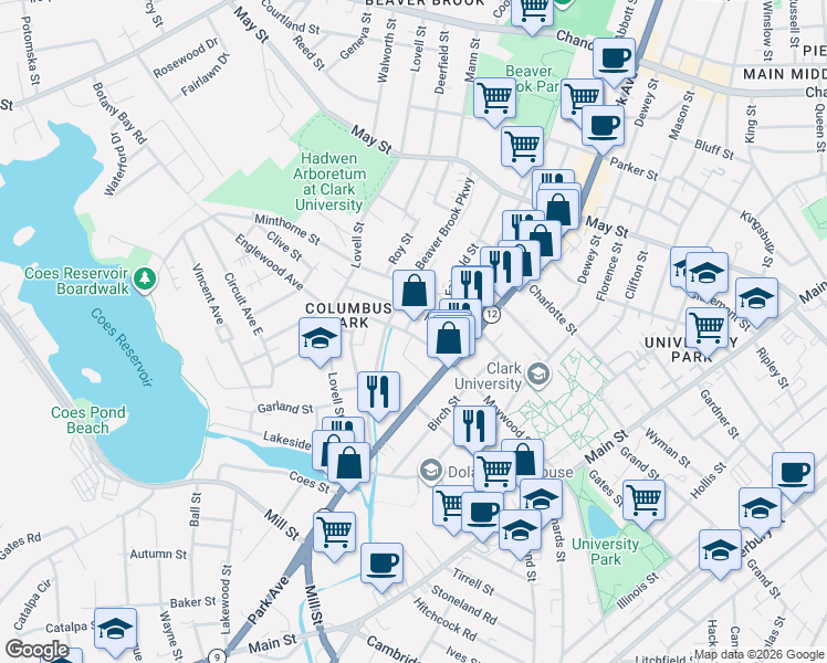 map of restaurants, bars, coffee shops, grocery stores, and more near 98 Maywood Street in Worcester