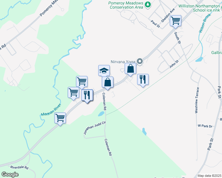 map of restaurants, bars, coffee shops, grocery stores, and more near 416 Main Street in Easthampton