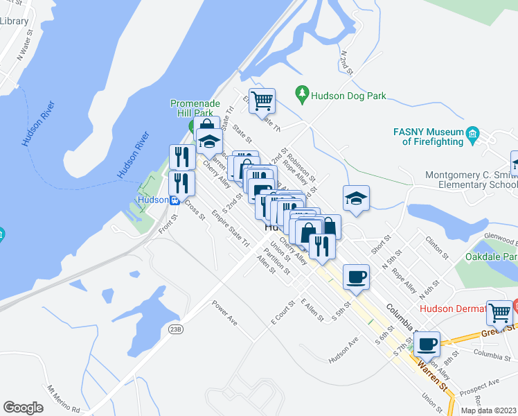 map of restaurants, bars, coffee shops, grocery stores, and more near 233 Warren Street in Hudson