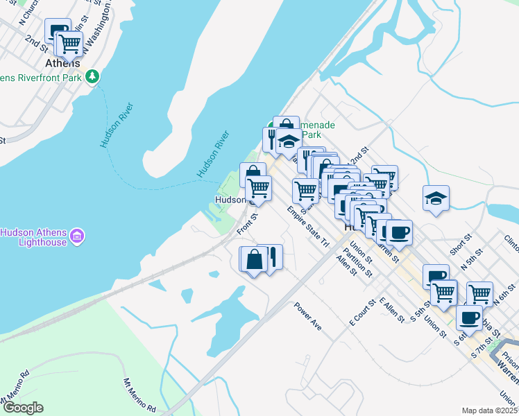 map of restaurants, bars, coffee shops, grocery stores, and more near 69 South Front Street in Hudson