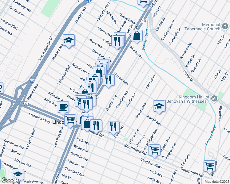 map of restaurants, bars, coffee shops, grocery stores, and more near 1515 Fort Street in Lincoln Park