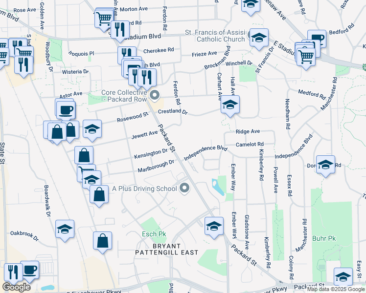 map of restaurants, bars, coffee shops, grocery stores, and more near 2407 Packard Street in Ann Arbor