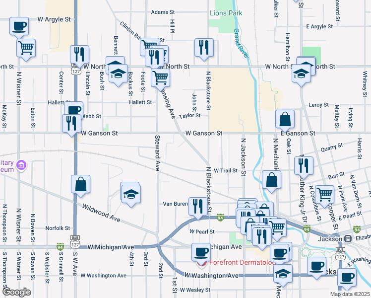 map of restaurants, bars, coffee shops, grocery stores, and more near 532 Lansing Avenue in Jackson