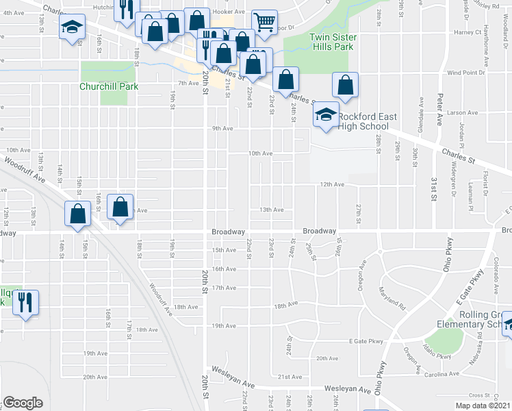 map of restaurants, bars, coffee shops, grocery stores, and more near 1404 22nd Street in Rockford