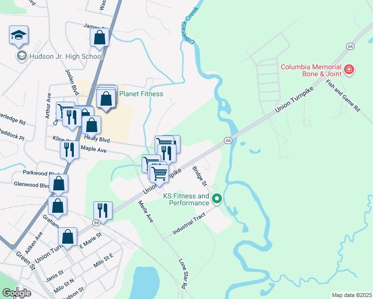 map of restaurants, bars, coffee shops, grocery stores, and more near 310 New York 66 in Hudson