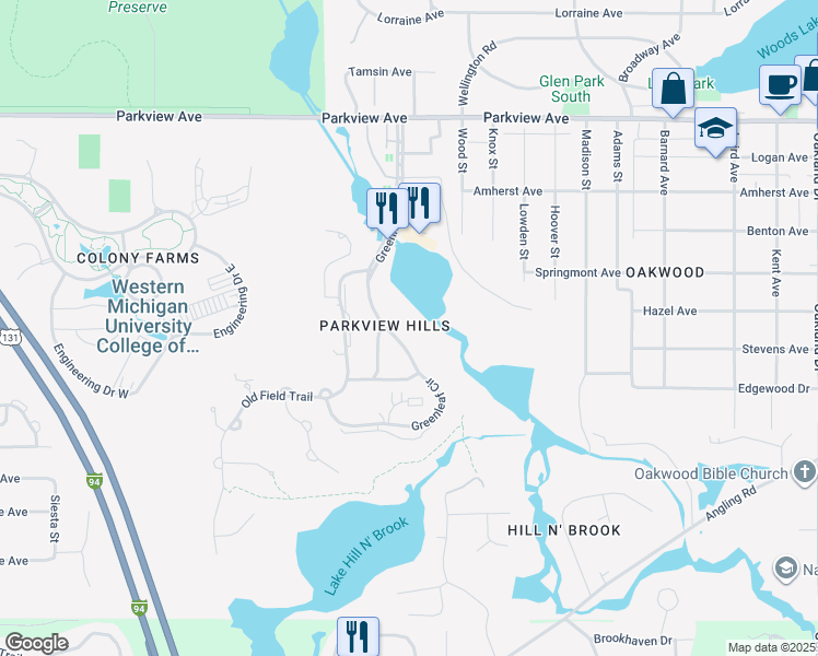 map of restaurants, bars, coffee shops, grocery stores, and more near 3721 Greenleaf Circle in Kalamazoo