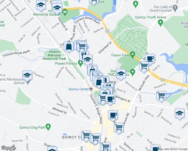 map of restaurants, bars, coffee shops, grocery stores, and more near 1150 Hancock Street in Quincy